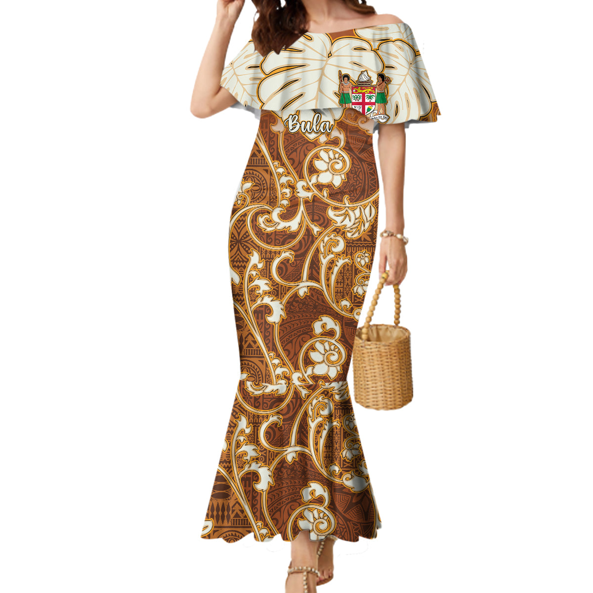 Personalized Fiji Spring Break Mermaid Dress Fijian Tapa Pattern Brown LT05 Women Brown - Polynesian Pride