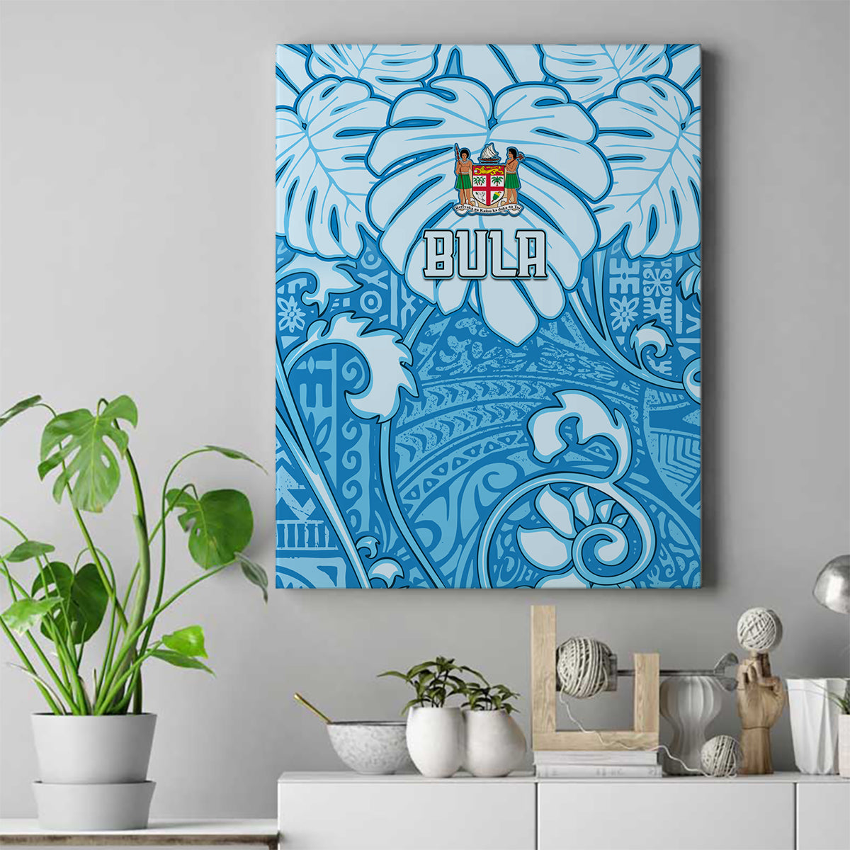 Fiji Spring Break Canvas Wall Art Fijian Tapa Pattern Blue LT05 Blue - Polynesian Pride