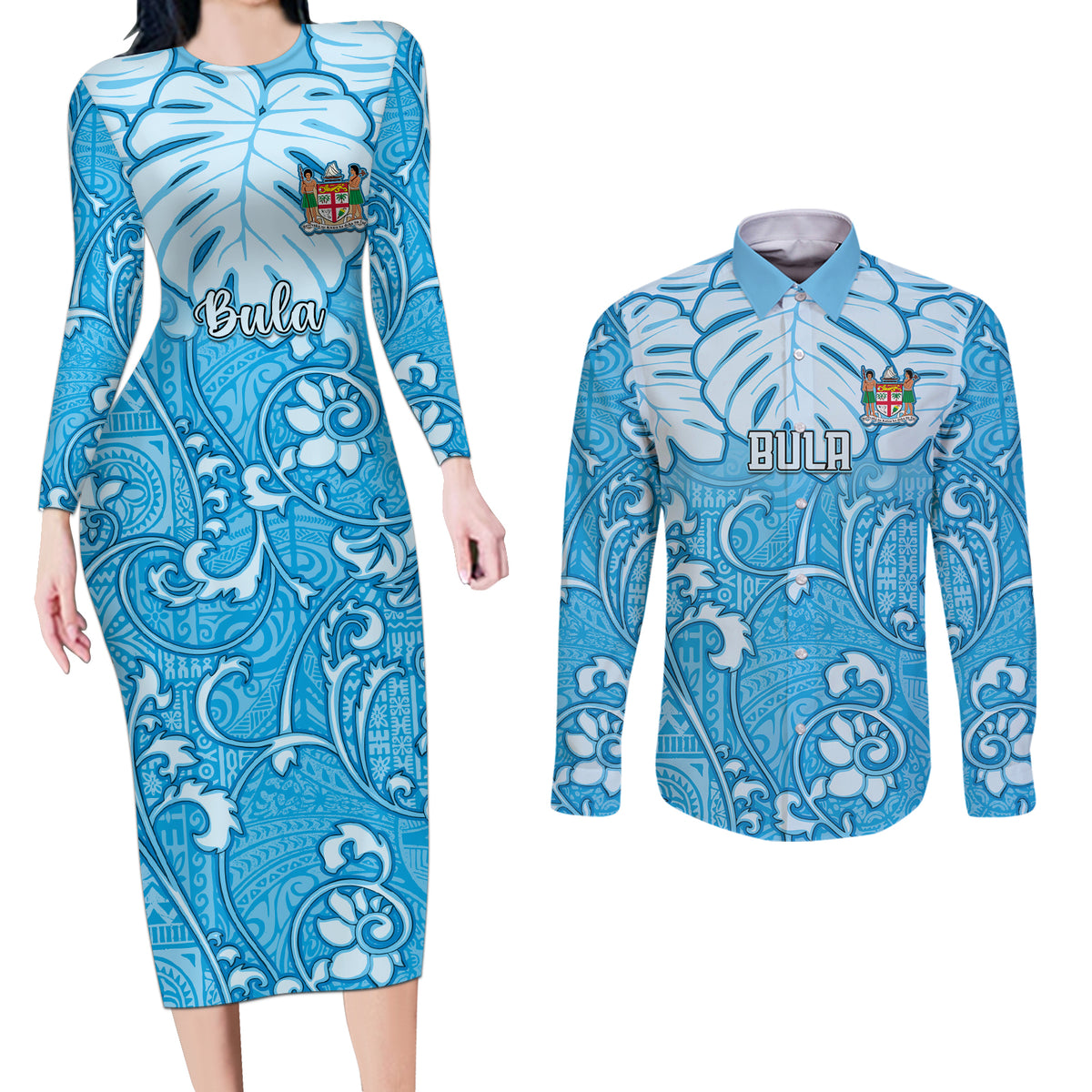 Personalized Fiji Spring Break Couples Matching Long Sleeve Bodycon Dress and Long Sleeve Button Shirts Fijian Tapa Pattern Blue LT05 Blue - Polynesian Pride