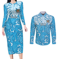 Personalized Fiji Spring Break Couples Matching Long Sleeve Bodycon Dress and Long Sleeve Button Shirts Fijian Tapa Pattern Blue LT05 Blue - Polynesian Pride
