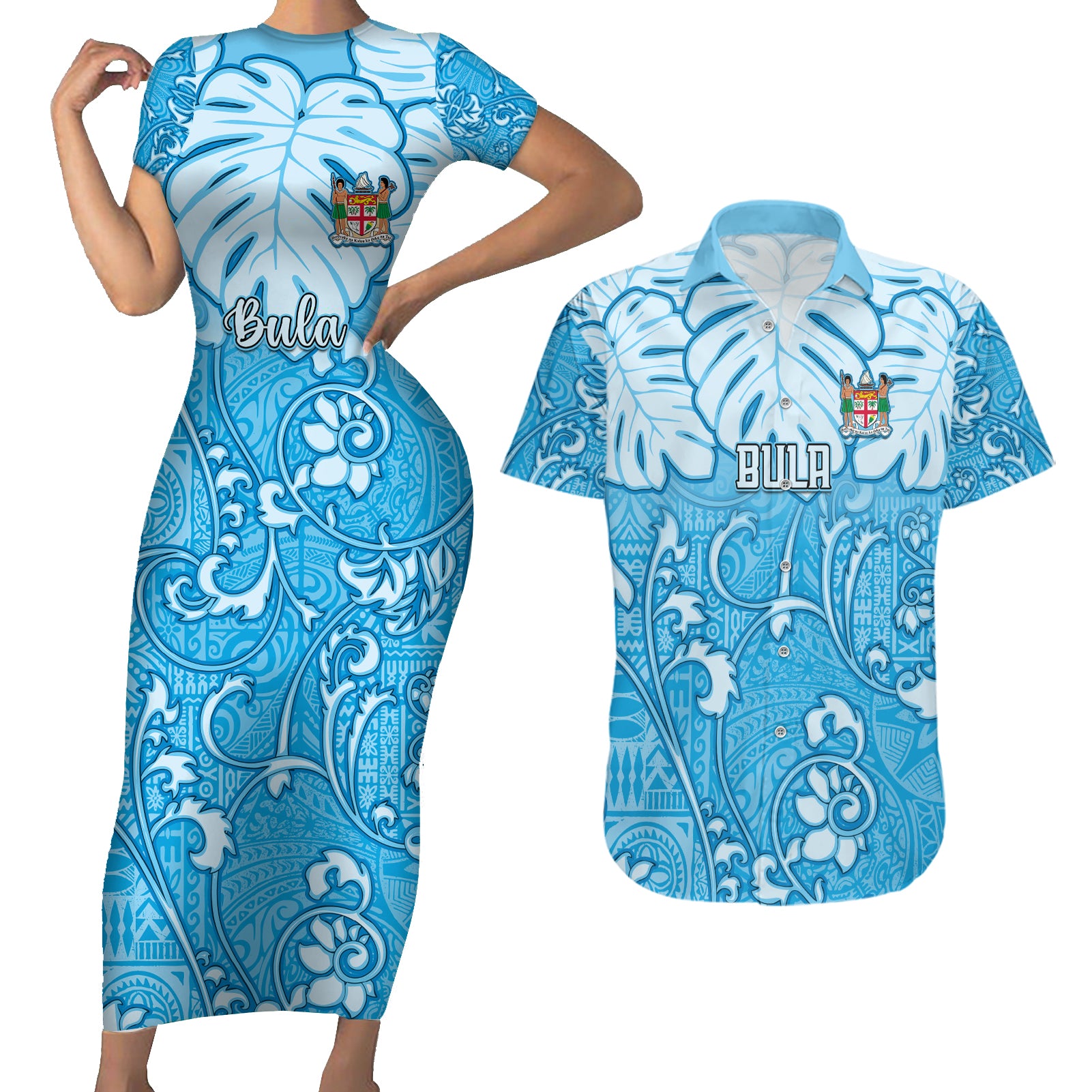 Personalized Fiji Spring Break Couples Matching Short Sleeve Bodycon Dress and Hawaiian Shirt Fijian Tapa Pattern Blue LT05 Blue - Polynesian Pride