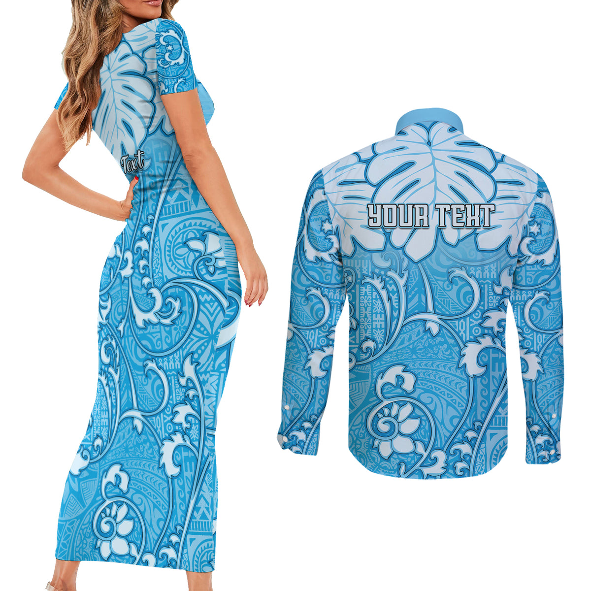 Personalized Fiji Spring Break Couples Matching Short Sleeve Bodycon Dress and Long Sleeve Button Shirts Fijian Tapa Pattern Blue LT05 - Polynesian Pride