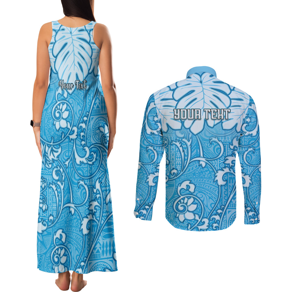 Personalized Fiji Spring Break Couples Matching Tank Maxi Dress and Long Sleeve Button Shirts Fijian Tapa Pattern Blue LT05 - Polynesian Pride