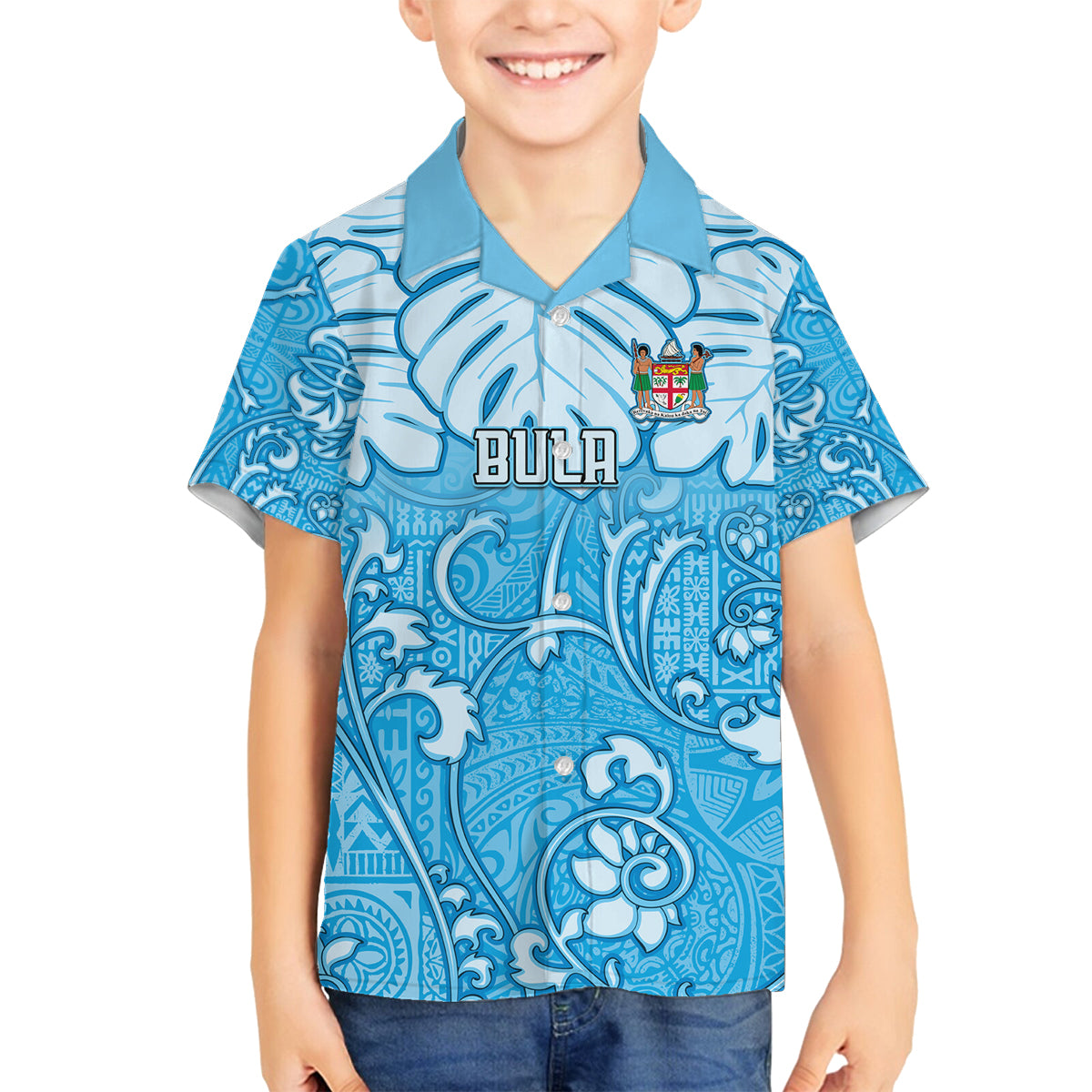 Personalized Fiji Spring Break Family Matching Puletasi Dress and Hawaiian Shirt Fijian Tapa Pattern Blue LT05 Son's Shirt Blue - Polynesian Pride