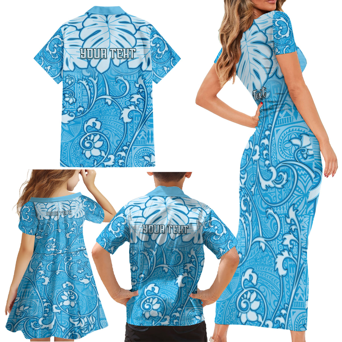 Personalized Fiji Spring Break Family Matching Short Sleeve Bodycon Dress and Hawaiian Shirt Fijian Tapa Pattern Blue LT05 - Polynesian Pride