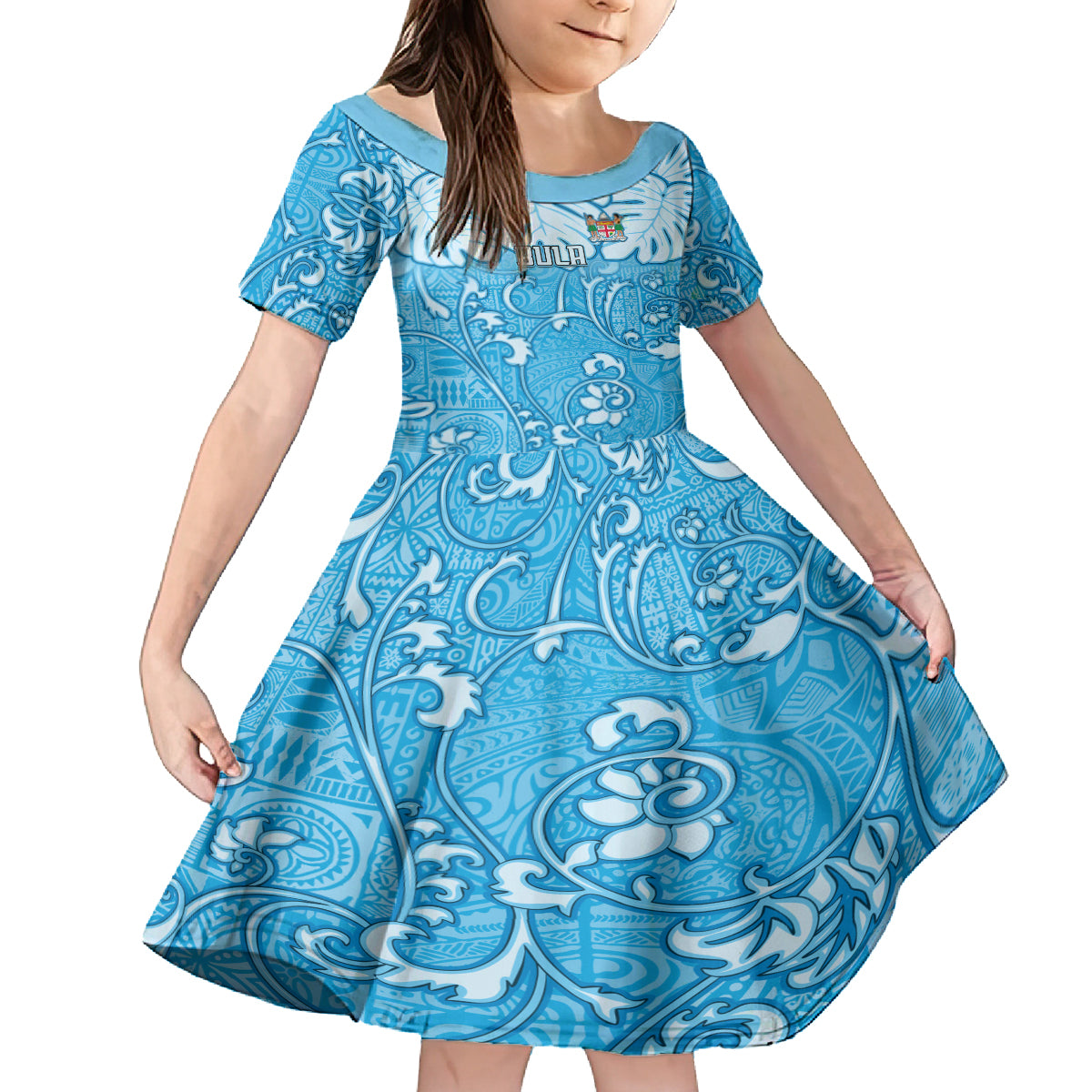 Personalized Fiji Spring Break Kid Short Sleeve Dress Fijian Tapa Pattern Blue LT05 KID Blue - Polynesian Pride