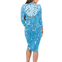 Personalized Fiji Spring Break Long Sleeve Bodycon Dress Fijian Tapa Pattern Blue LT05 - Polynesian Pride
