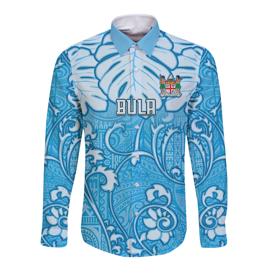 Personalized Fiji Spring Break Long Sleeve Button Shirt Fijian Tapa Pattern Blue LT05 Unisex Blue - Polynesian Pride