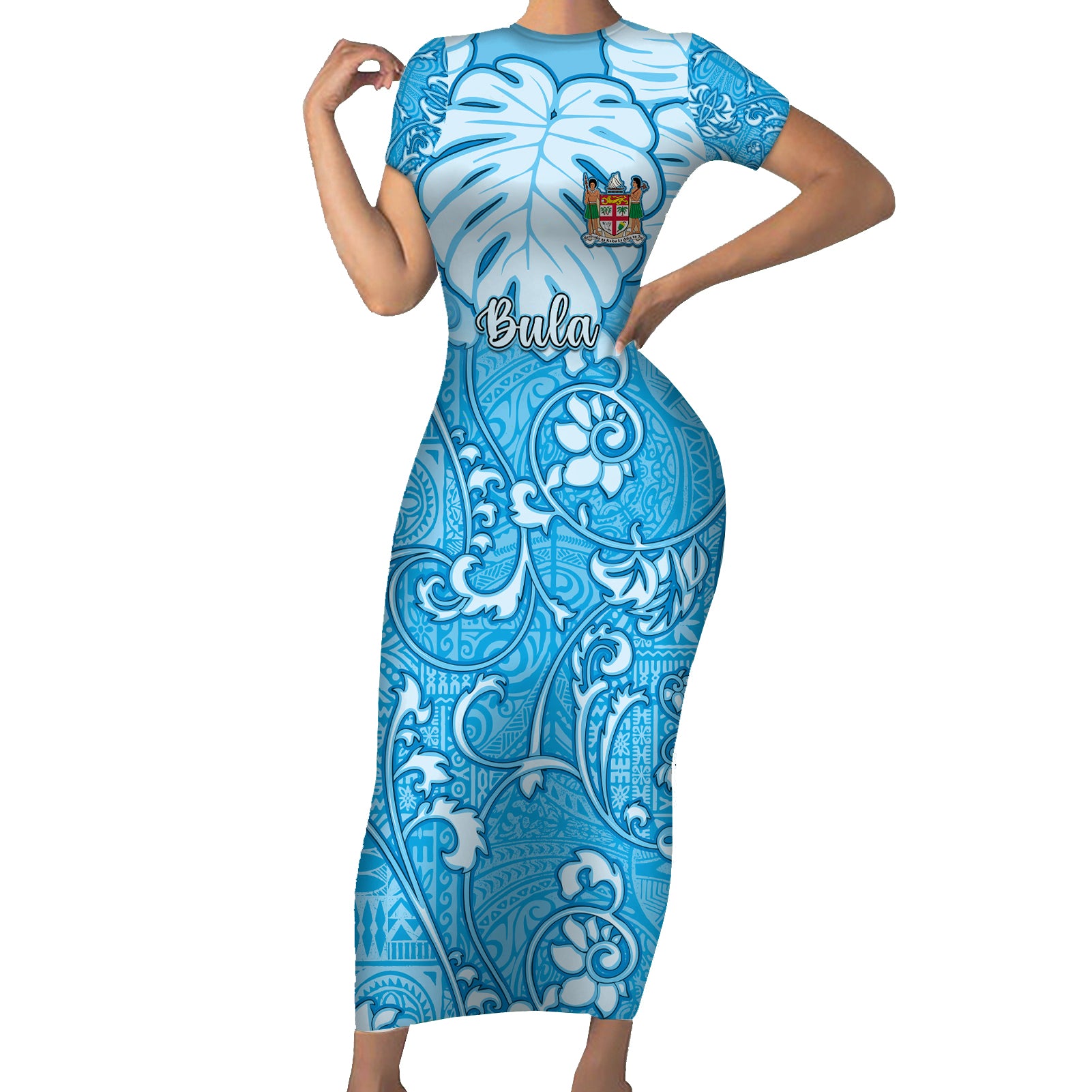 Personalized Fiji Spring Break Short Sleeve Bodycon Dress Fijian Tapa Pattern Blue LT05 Long Dress Blue - Polynesian Pride