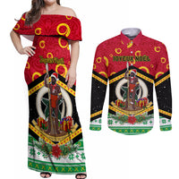 Personalized Vanuatu Christmas Couples Matching Off Shoulder Maxi Dress and Long Sleeve Button Shirts Santa God Yumi LT05 Red - Polynesian Pride