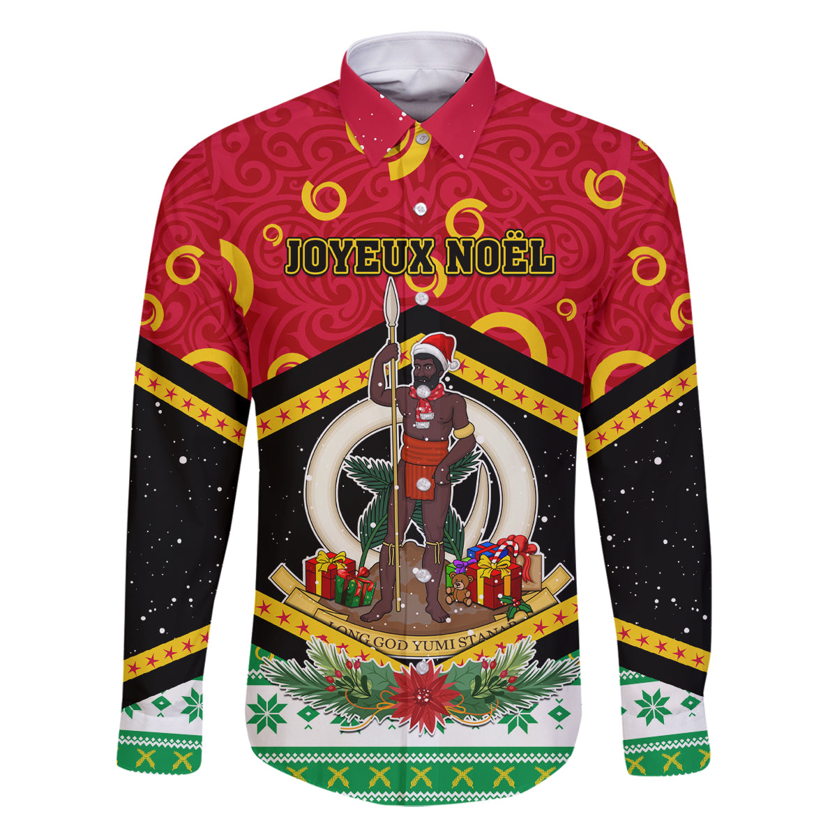 Personalized Vanuatu Christmas Family Matching Long Sleeve Bodycon Dress and Hawaiian Shirt Santa God Yumi LT05 Dad's Shirt - Long Sleeve Red - Polynesian Pride