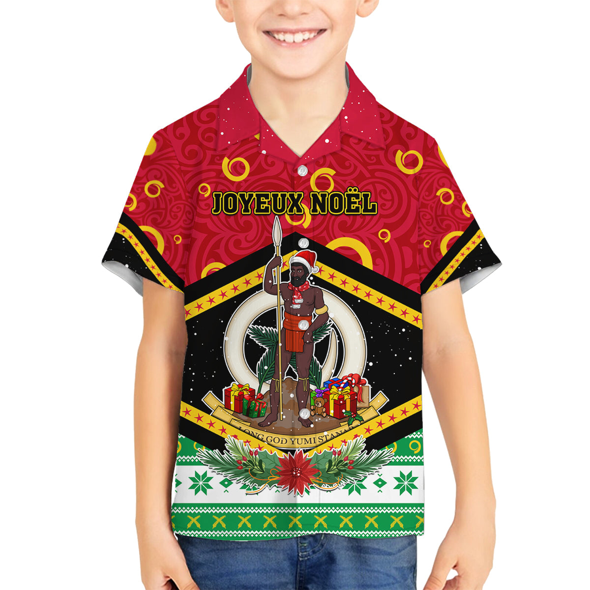 Personalized Vanuatu Christmas Family Matching Off Shoulder Maxi Dress and Hawaiian Shirt Santa God Yumi LT05 Son's Shirt Red - Polynesian Pride