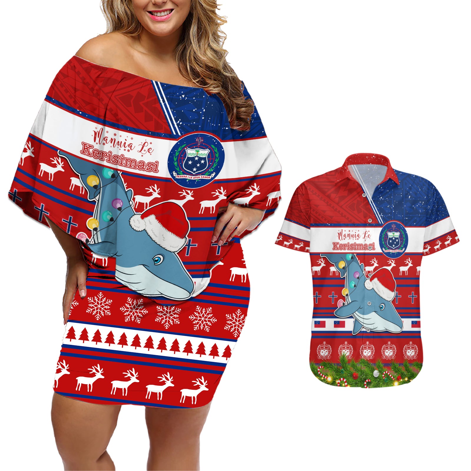 Personalized Samoa Christmas Couples Matching Off Shoulder Short Dress and Hawaiian Shirt Santas Whale Manuia Le Kerisimasi LT05 Red - Polynesian Pride