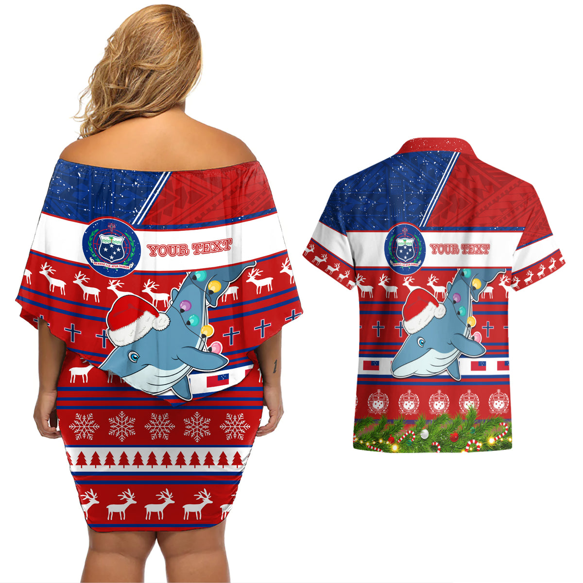 Personalized Samoa Christmas Couples Matching Off Shoulder Short Dress and Hawaiian Shirt Santas Whale Manuia Le Kerisimasi LT05 - Polynesian Pride