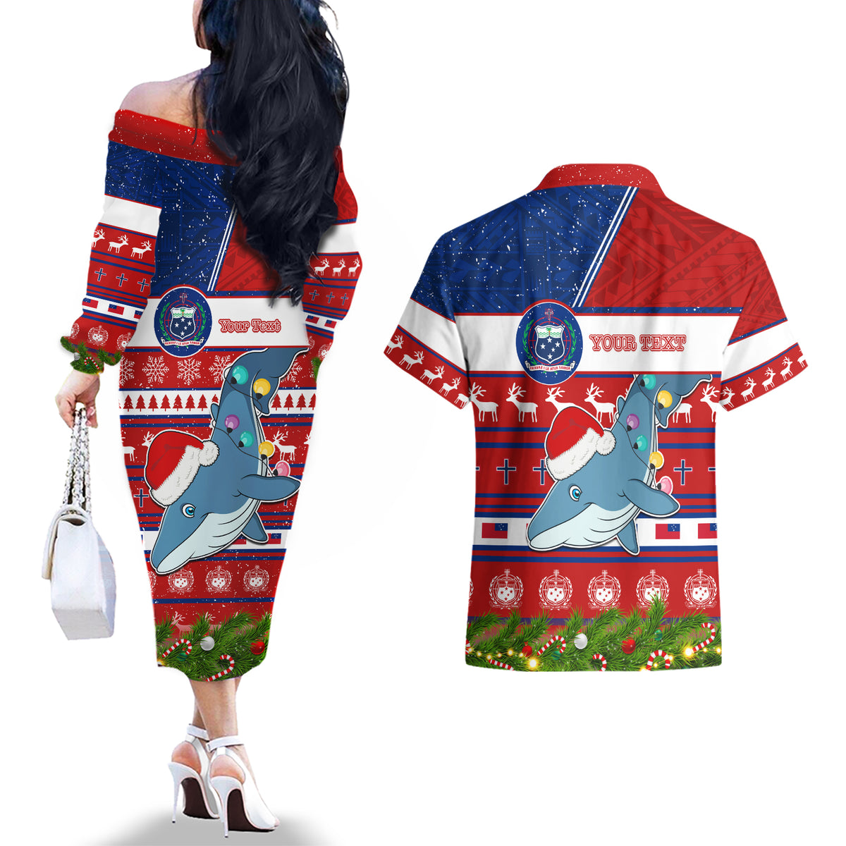 Personalized Samoa Christmas Couples Matching Off The Shoulder Long Sleeve Dress and Hawaiian Shirt Santas Whale Manuia Le Kerisimasi LT05 - Polynesian Pride