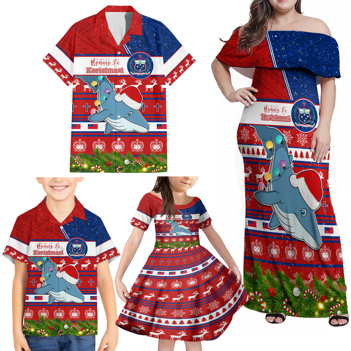 Personalized Samoa Christmas Family Matching Off Shoulder Maxi Dress and Hawaiian Shirt Santas Whale Manuia Le Kerisimasi LT05 - Polynesian Pride