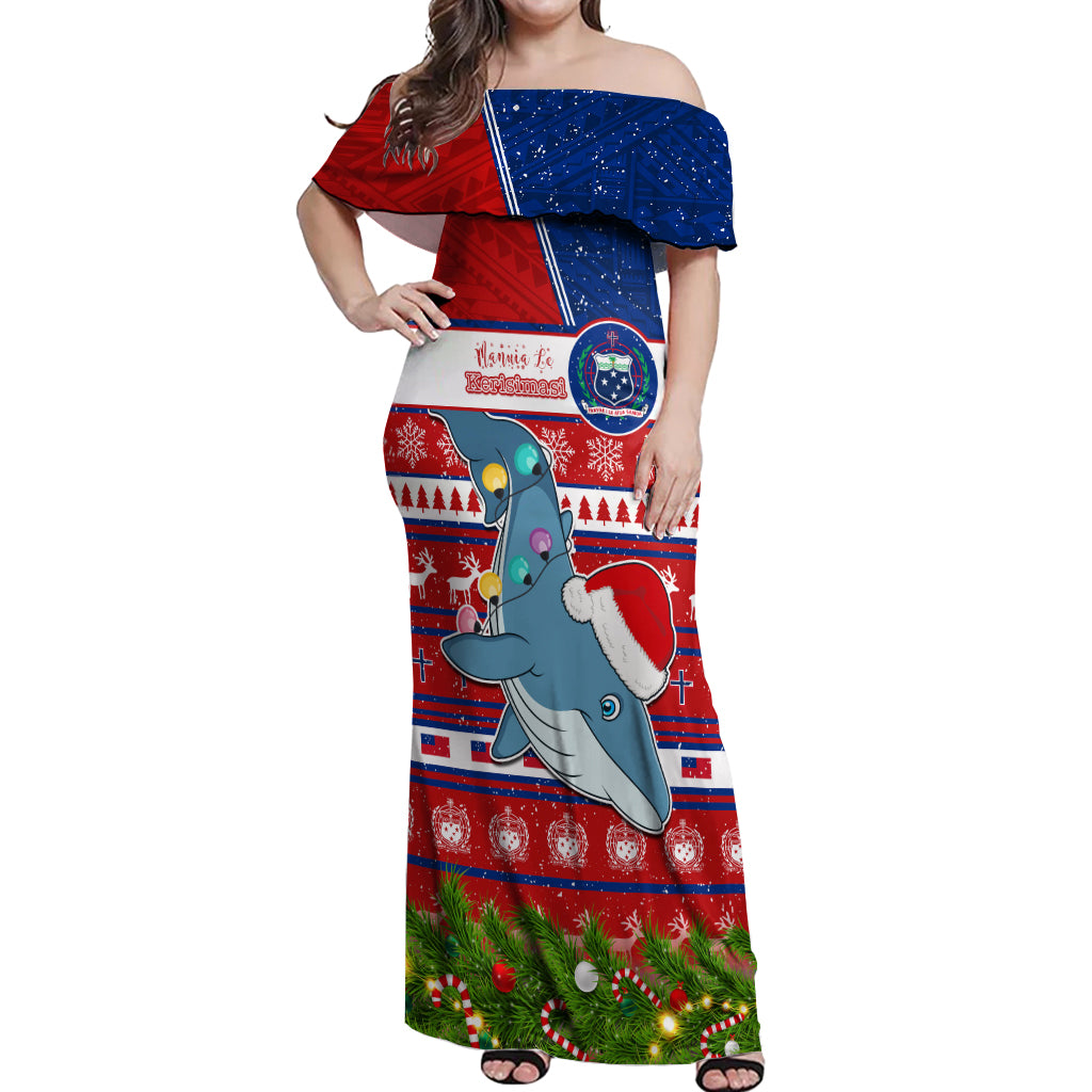 Personalized Samoa Christmas Off Shoulder Maxi Dress Santas Whale Manuia Le Kerisimasi LT05 Women Red - Polynesian Pride