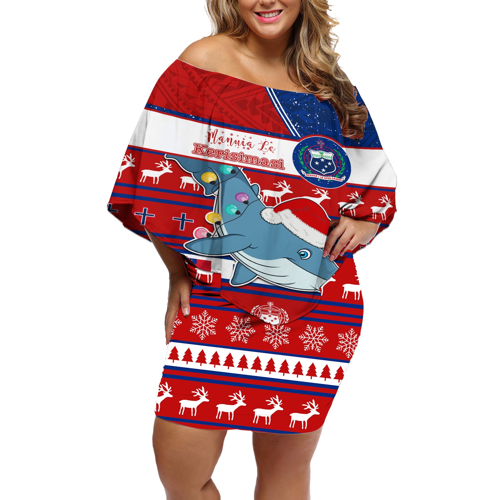 Personalized Samoa Christmas Off Shoulder Short Dress Santas Whale Manuia Le Kerisimasi LT05 Women Red - Polynesian Pride