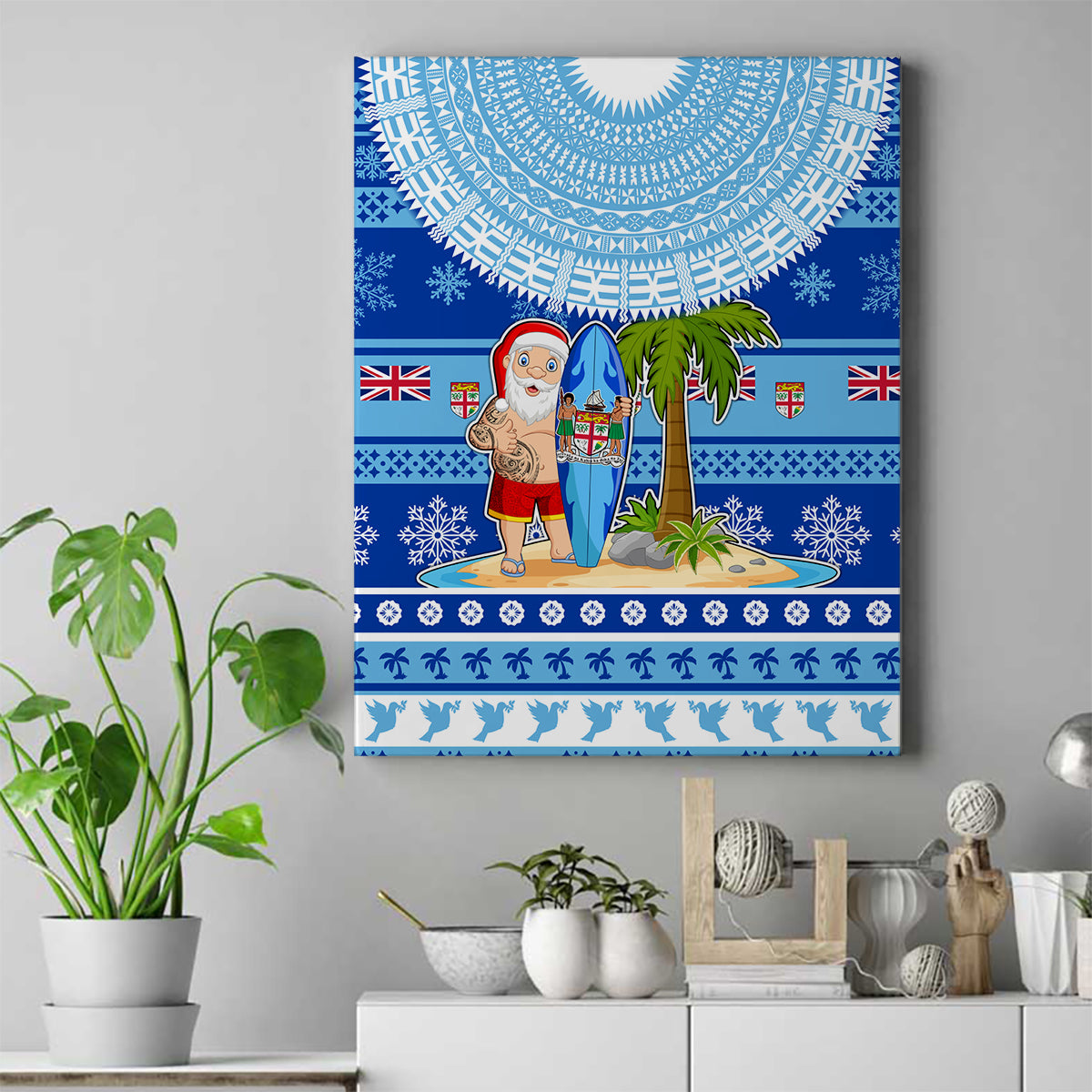 Fiji Christmas Canvas Wall Art Santa Claus Surf Marau Na Kerisimasi LT05 Blue - Polynesian Pride