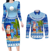Personalized Fiji Christmas Couples Matching Long Sleeve Bodycon Dress and Long Sleeve Button Shirts Santa Claus Surf Marau Na Kerisimasi LT05 Blue - Polynesian Pride