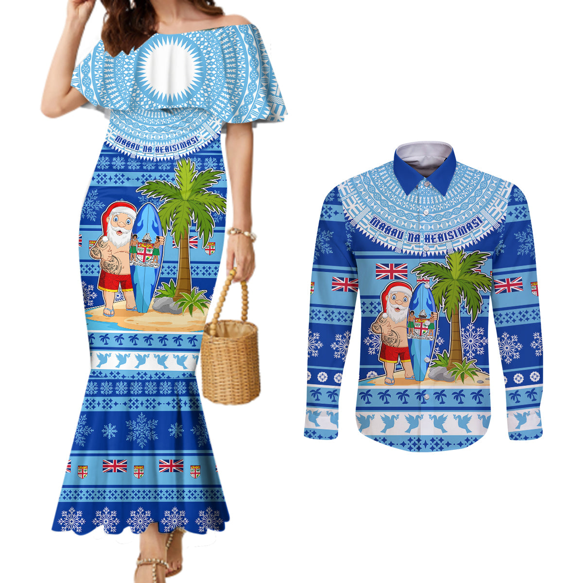 Personalized Fiji Christmas Couples Matching Mermaid Dress and Long Sleeve Button Shirts Santa Claus Surf Marau Na Kerisimasi LT05 Blue - Polynesian Pride
