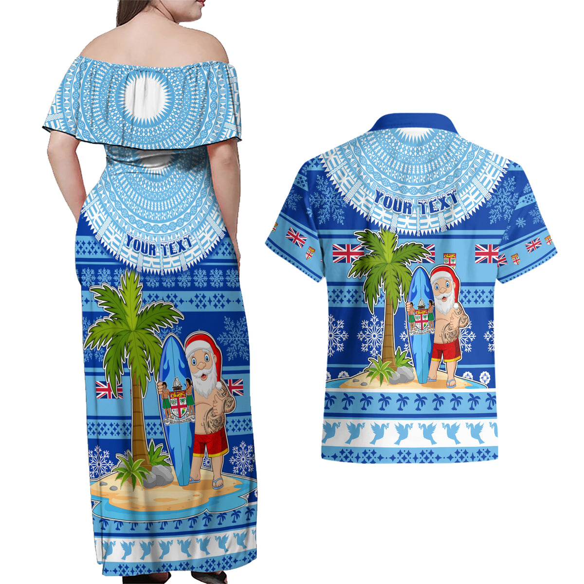 Personalized Fiji Christmas Couples Matching Off Shoulder Maxi Dress and Hawaiian Shirt Santa Claus Surf Marau Na Kerisimasi LT05 - Polynesian Pride