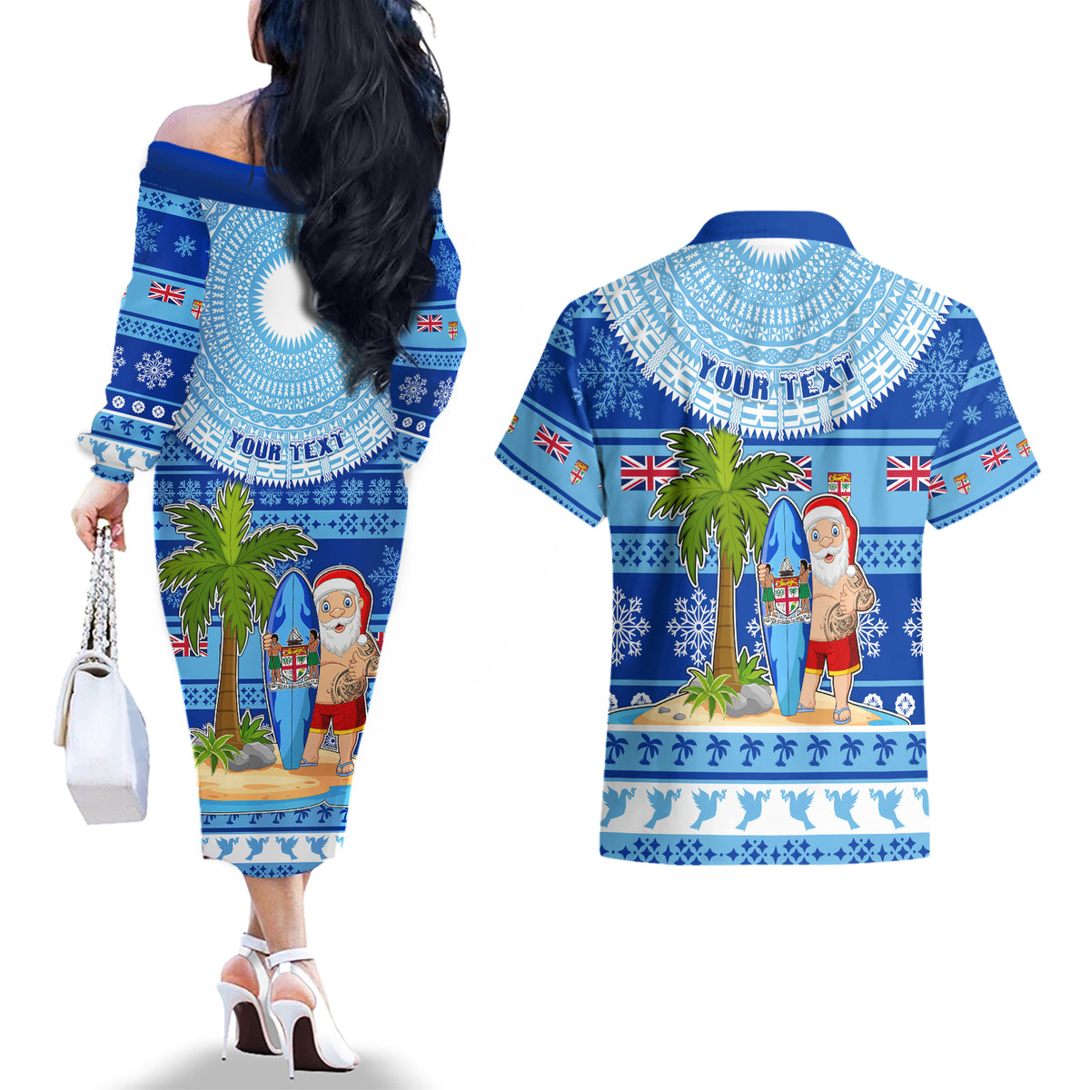 Personalized Fiji Christmas Couples Matching Off The Shoulder Long Sleeve Dress and Hawaiian Shirt Santa Claus Surf Marau Na Kerisimasi LT05 - Polynesian Pride