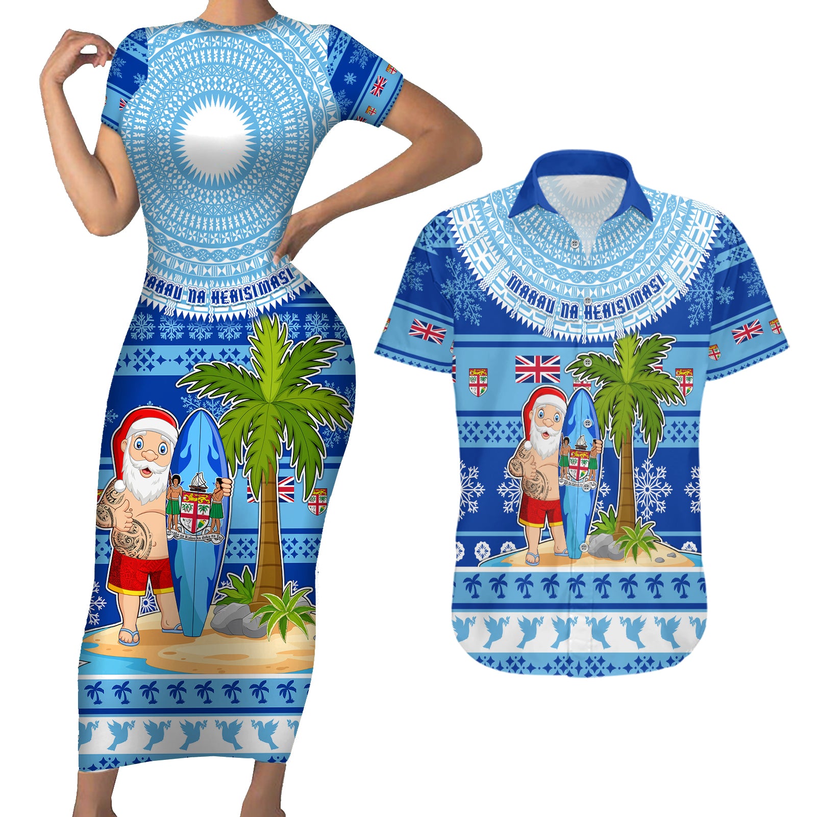 Personalized Fiji Christmas Couples Matching Short Sleeve Bodycon Dress and Hawaiian Shirt Santa Claus Surf Marau Na Kerisimasi LT05 Blue - Polynesian Pride