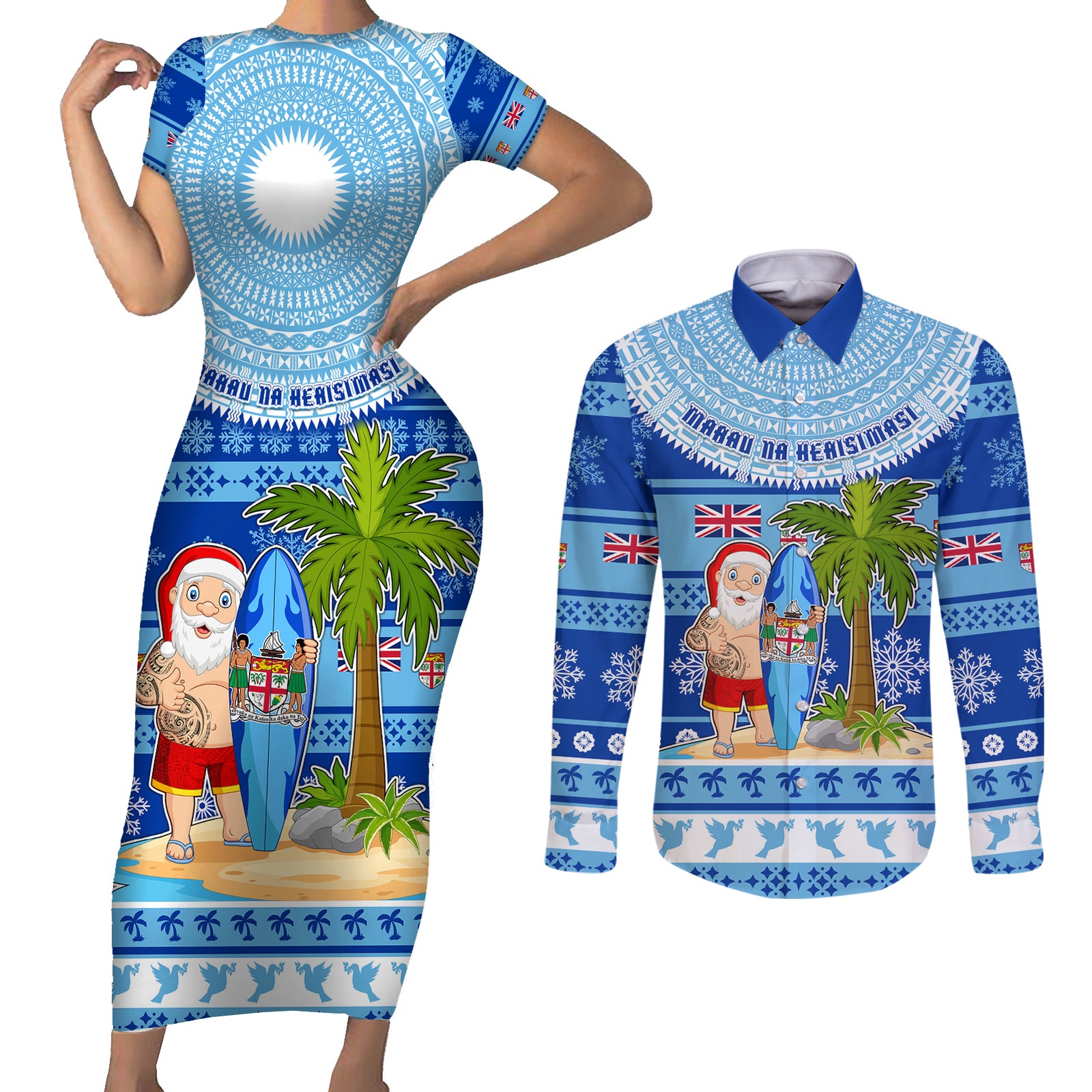Personalized Fiji Christmas Couples Matching Short Sleeve Bodycon Dress and Long Sleeve Button Shirts Santa Claus Surf Marau Na Kerisimasi LT05 Blue - Polynesian Pride