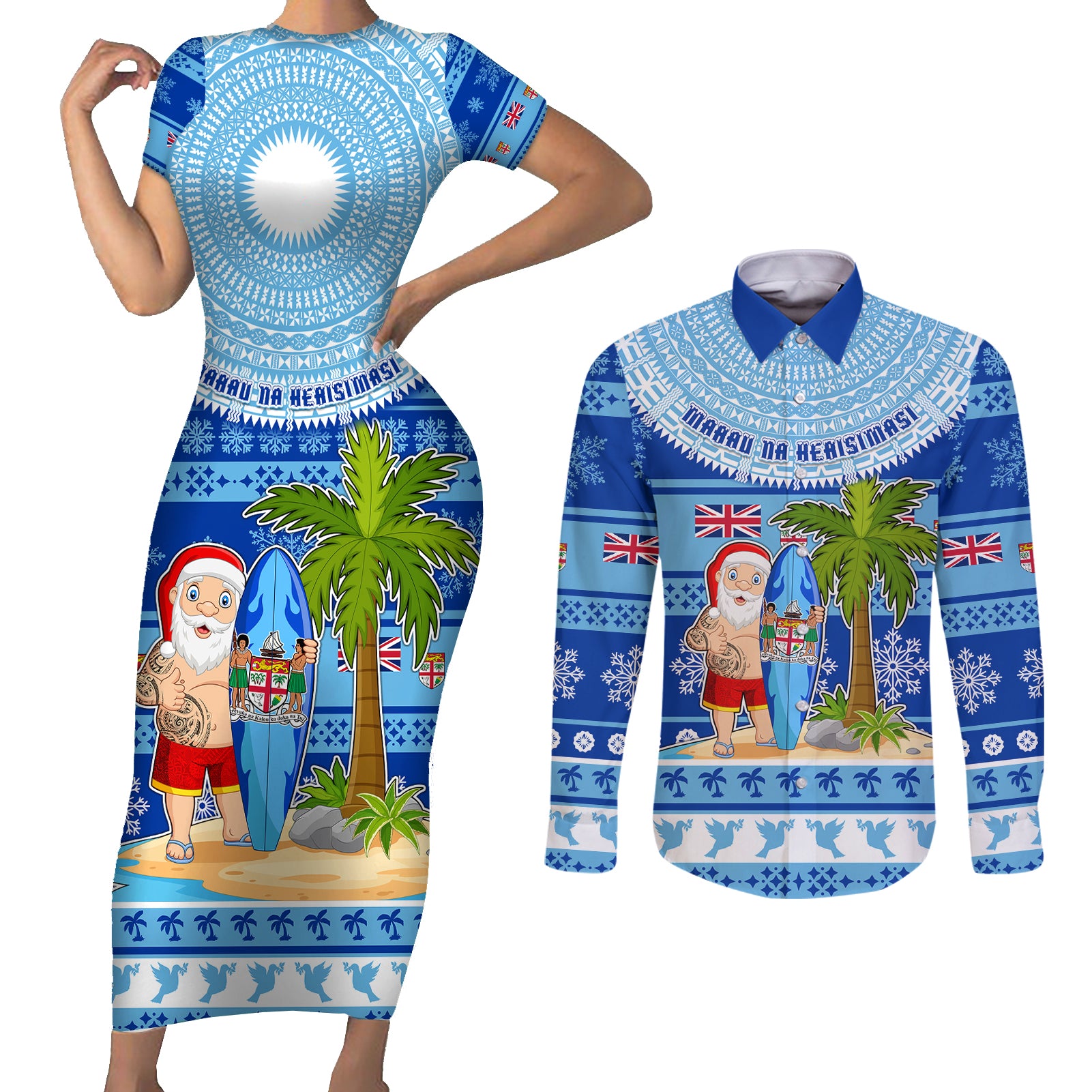 Personalized Fiji Christmas Couples Matching Short Sleeve Bodycon Dress and Long Sleeve Button Shirts Santa Claus Surf Marau Na Kerisimasi LT05 Blue - Polynesian Pride