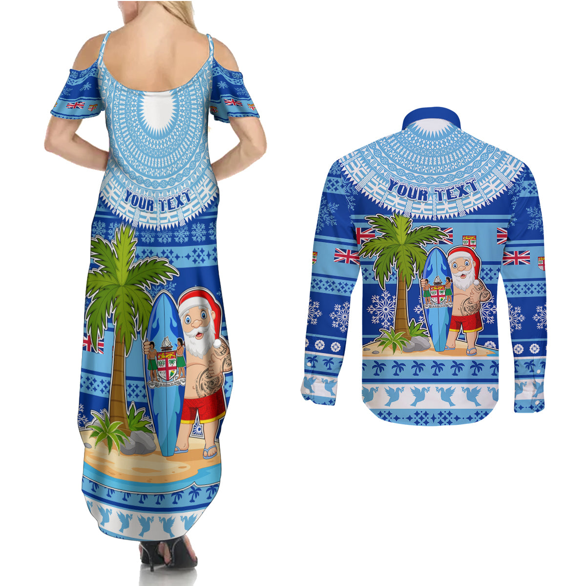 Personalized Fiji Christmas Couples Matching Summer Maxi Dress and Long Sleeve Button Shirts Santa Claus Surf Marau Na Kerisimasi LT05 - Polynesian Pride