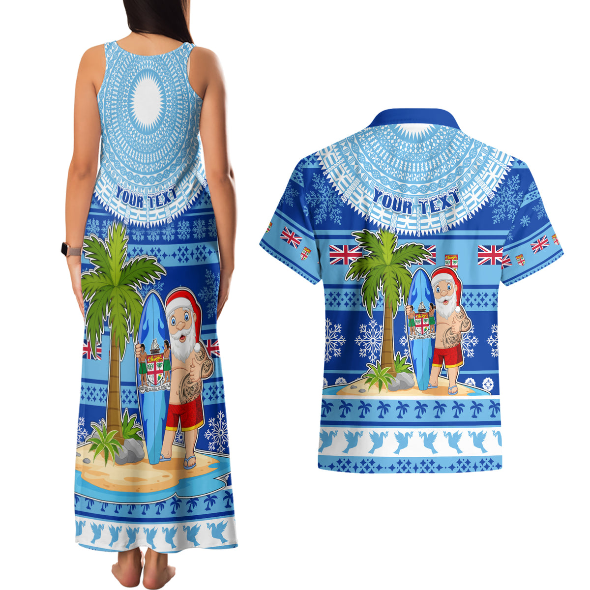 Personalized Fiji Christmas Couples Matching Tank Maxi Dress and Hawaiian Shirt Santa Claus Surf Marau Na Kerisimasi LT05 - Polynesian Pride