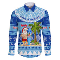 Personalized Fiji Christmas Family Matching Puletasi Dress and Hawaiian Shirt Santa Claus Surf Marau Na Kerisimasi LT05 Dad's Shirt - Long Sleeve Blue - Polynesian Pride