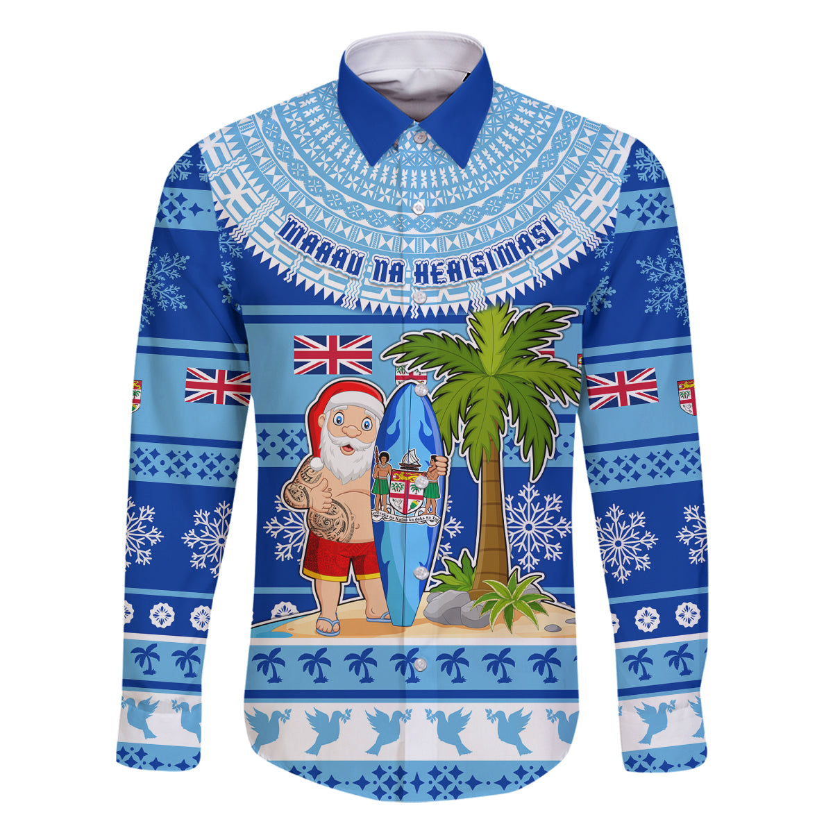 Personalized Fiji Christmas Family Matching Summer Maxi Dress and Hawaiian Shirt Santa Claus Surf Marau Na Kerisimasi LT05 Dad's Shirt - Long Sleeve Blue - Polynesian Pride
