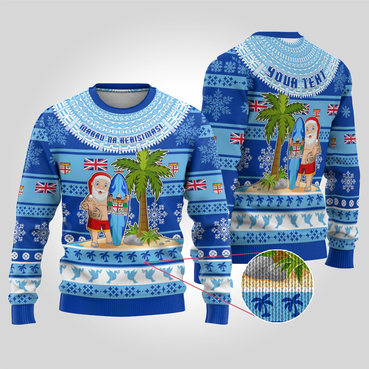 Personalised Fiji Christmas Ugly Christmas Sweater Santa Claus Surf Marau Na Kerisimasi LT05 Blue - Polynesian Pride