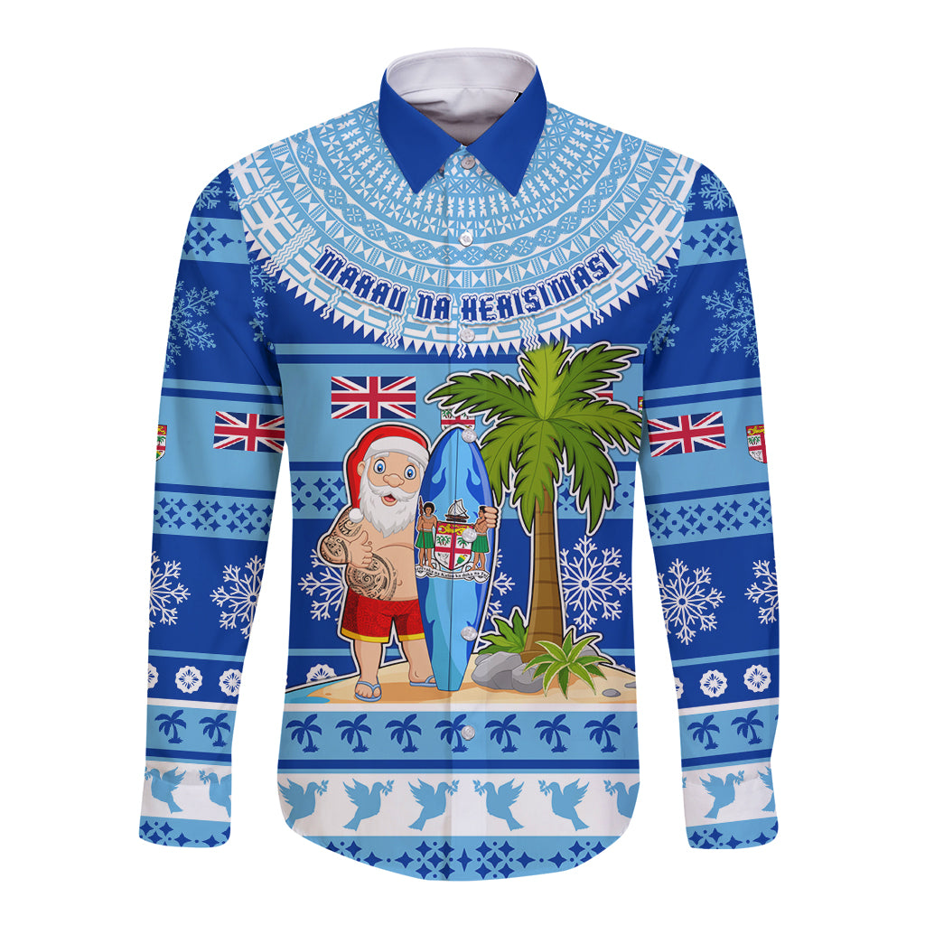 Personalized Fiji Christmas Long Sleeve Button Shirt Santa Claus Surf Marau Na Kerisimasi LT05 Unisex Blue - Polynesian Pride