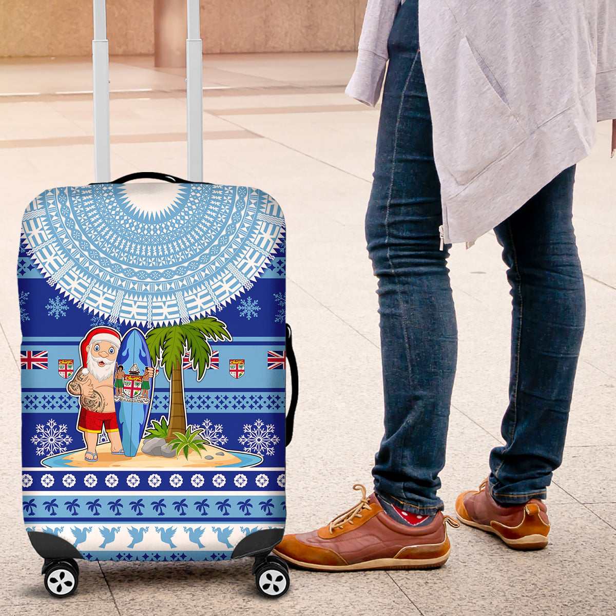 Fiji Christmas Luggage Cover Santa Claus Surf Marau Na Kerisimasi LT05 Blue - Polynesian Pride