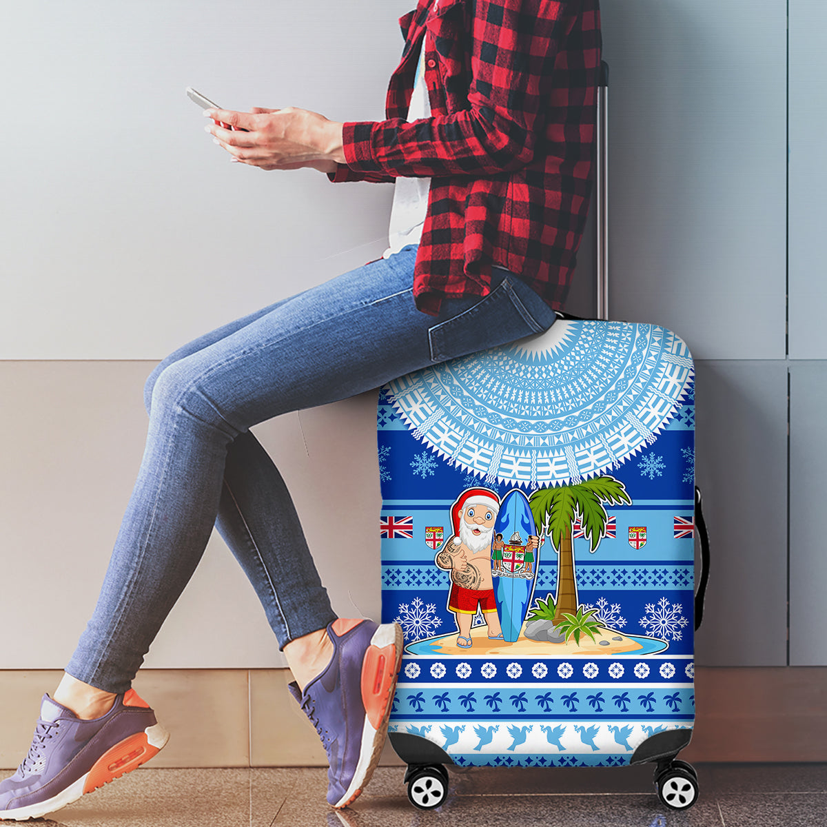 Fiji Christmas Luggage Cover Santa Claus Surf Marau Na Kerisimasi LT05 - Polynesian Pride