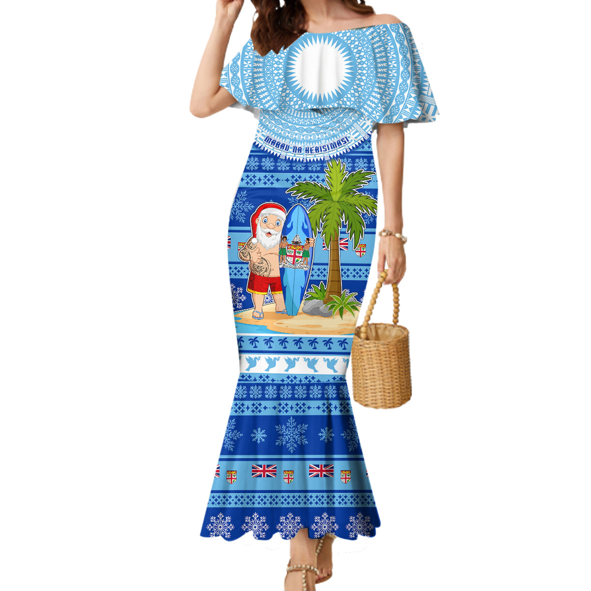 Personalized Fiji Christmas Mermaid Dress Santa Claus Surf Marau Na Kerisimasi LT05 Women Blue - Polynesian Pride