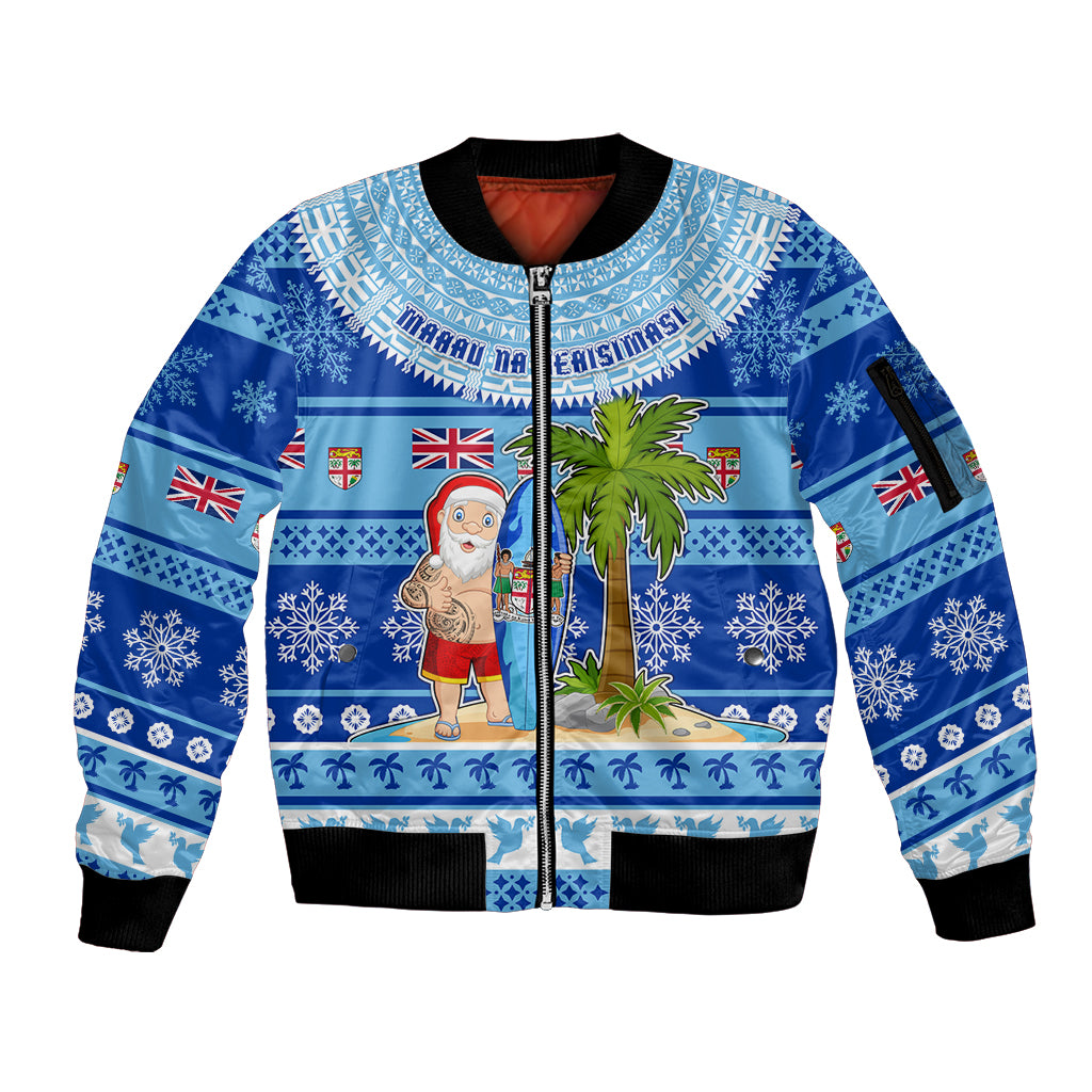 Personalized Fiji Christmas Sleeve Zip Bomber Jacket Santa Claus Surf Marau Na Kerisimasi LT05 Unisex Blue - Polynesian Pride
