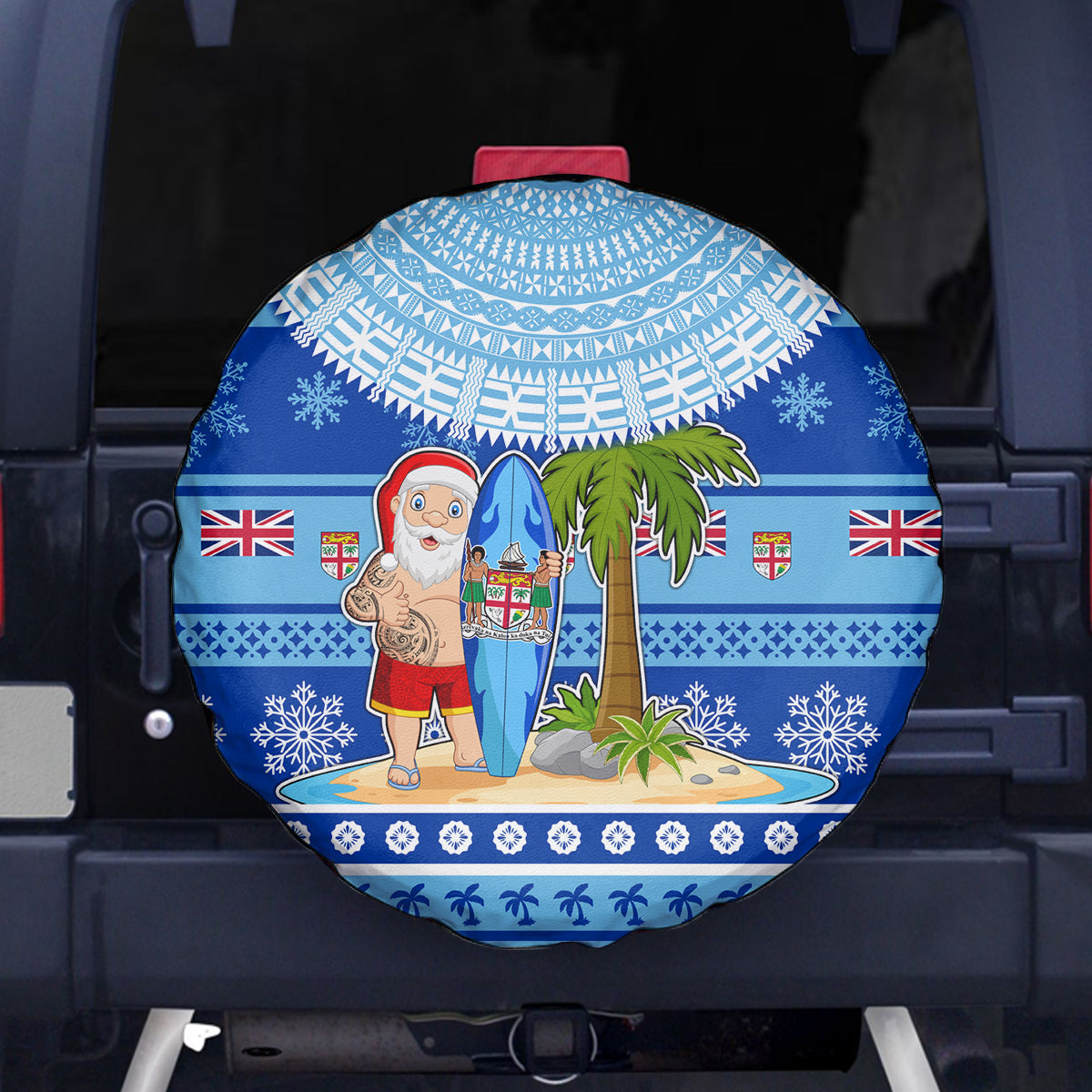 Fiji Christmas Spare Tire Cover Santa Claus Surf Marau Na Kerisimasi LT05 Blue - Polynesian Pride