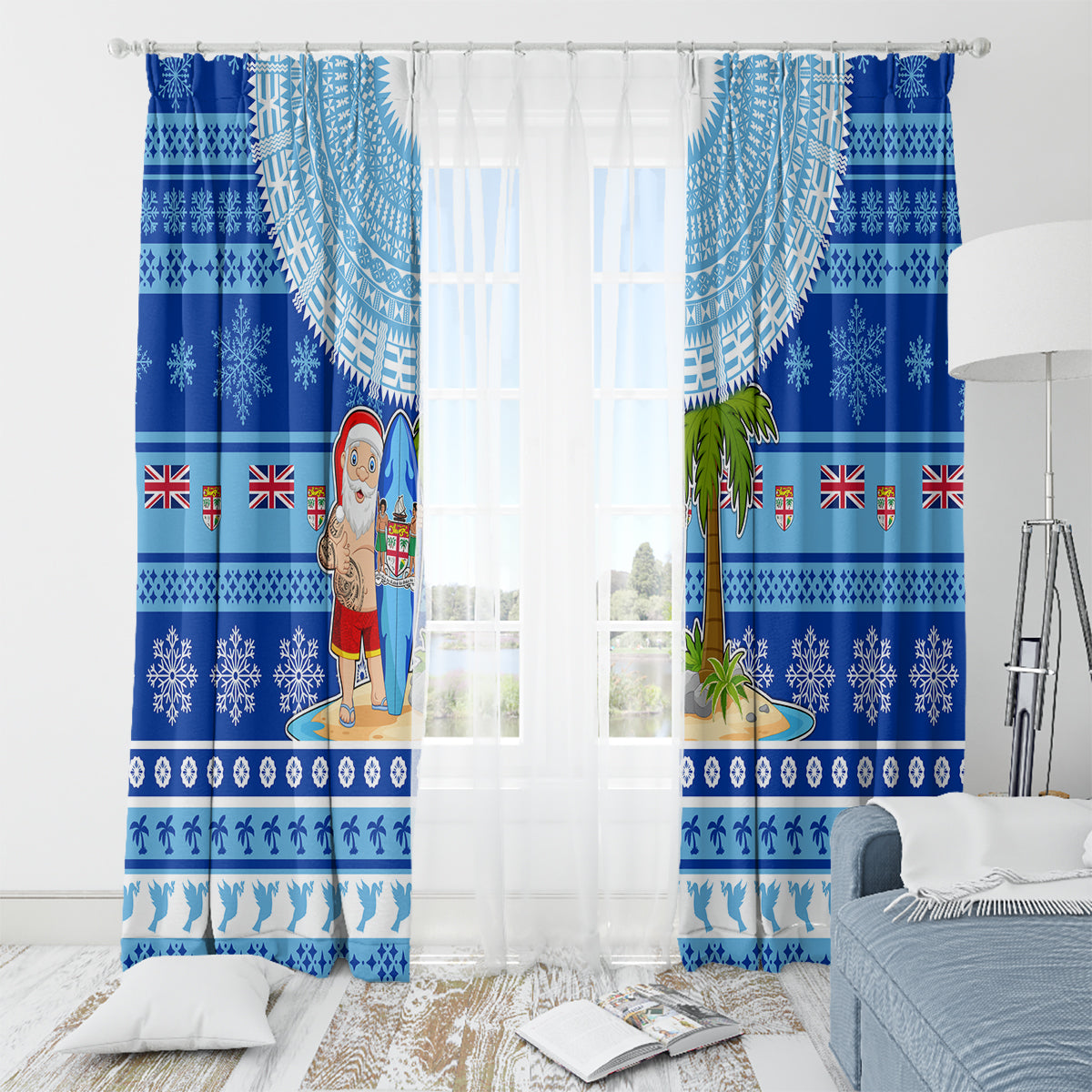 Fiji Christmas Window Curtain Santa Claus Surf Marau Na Kerisimasi LT05 - Polynesian Pride