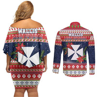 Wallis and Futuna Christmas Couples Matching Off Shoulder Short Dress and Long Sleeve Button Shirt Poinsettia Joyeux Noel