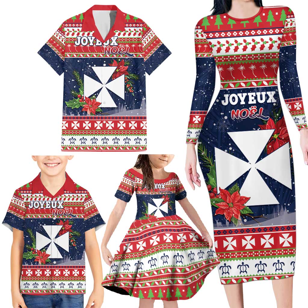 Wallis and Futuna Christmas Family Matching Long Sleeve Bodycon Dress and Hawaiian Shirt Poinsettia Joyeux Noel