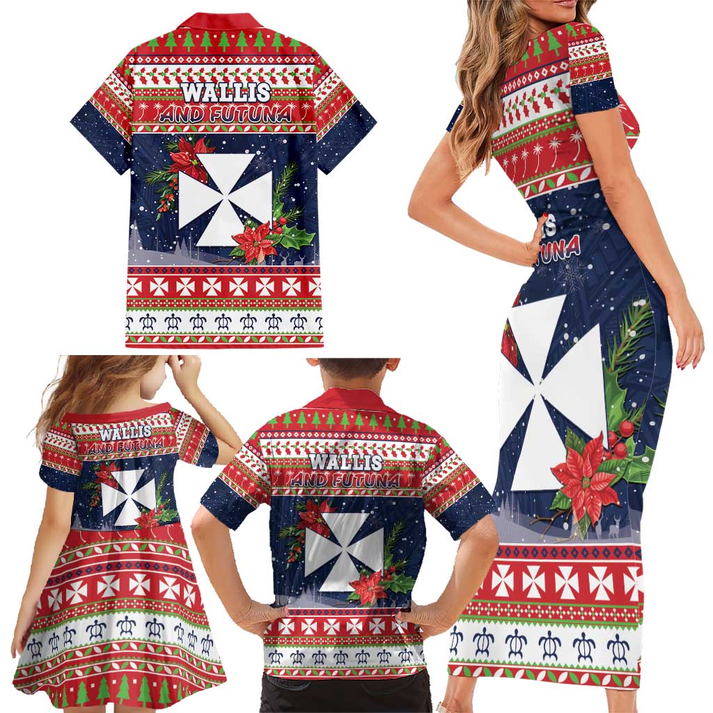 Wallis and Futuna Christmas Family Matching Short Sleeve Bodycon Dress and Hawaiian Shirt Poinsettia Joyeux Noel
