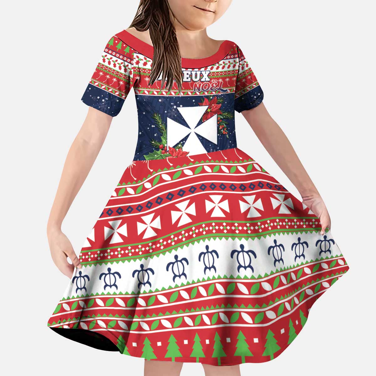 Wallis and Futuna Christmas Kid Short Sleeve Dress Poinsettia Joyeux Noel LT05 KID Red - Polynesian Pride