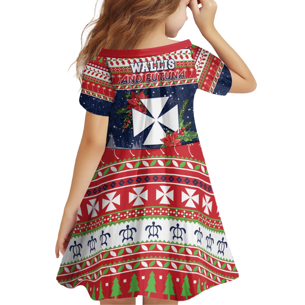 Wallis and Futuna Christmas Kid Short Sleeve Dress Poinsettia Joyeux Noel LT05 - Polynesian Pride