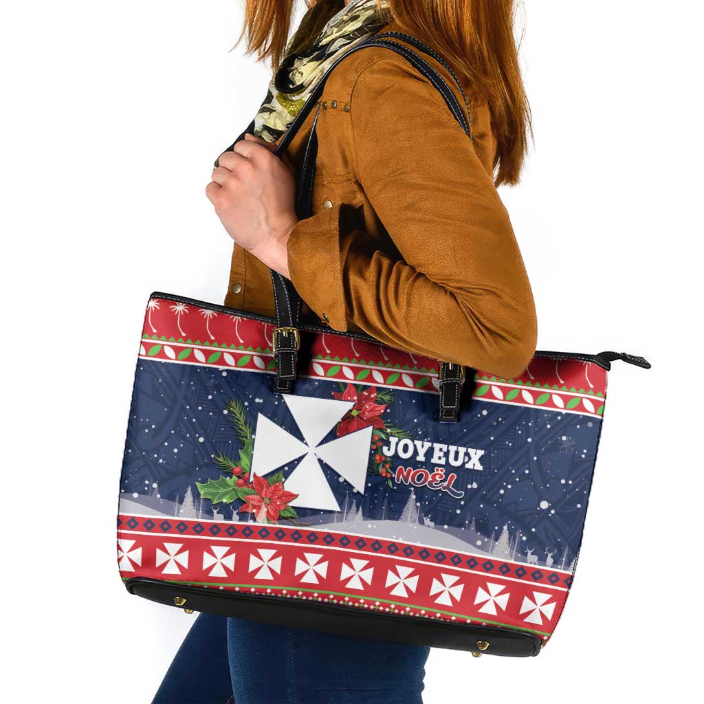 Wallis and Futuna Christmas Leather Tote Bag Poinsettia Joyeux Noel