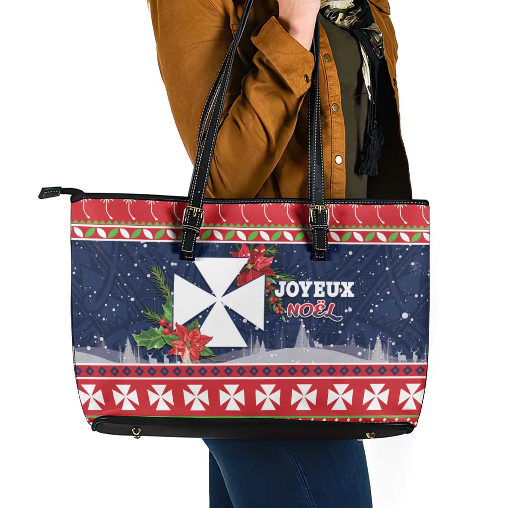 Wallis and Futuna Christmas Leather Tote Bag Poinsettia Joyeux Noel LT05 - Polynesian Pride