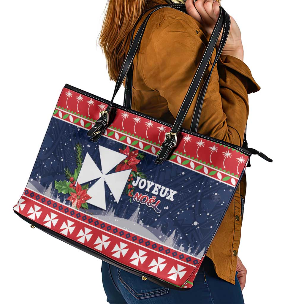Wallis and Futuna Christmas Leather Tote Bag Poinsettia Joyeux Noel LT05 - Polynesian Pride